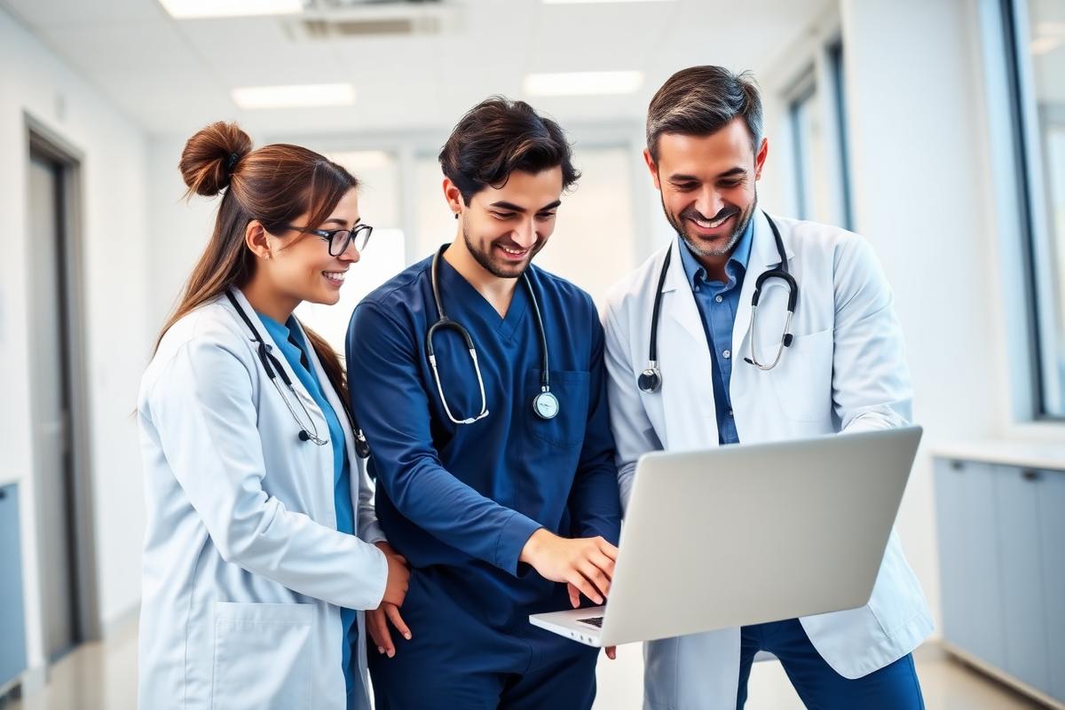 Equipe de saúde analisando indicadores de atendimento em um notebook