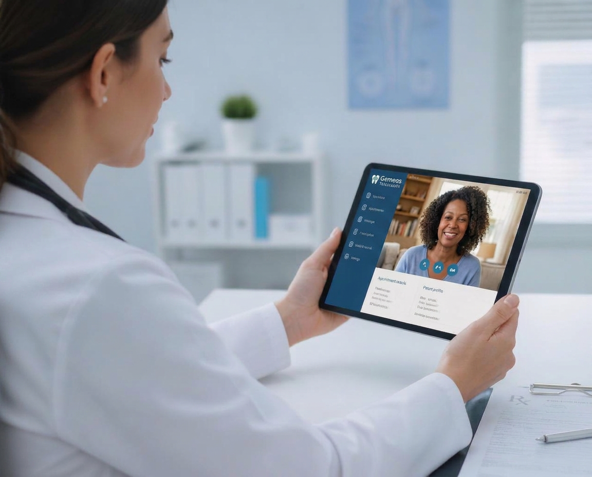 Médica conduzindo consulta por vídeo em um tablet com o sistema Gemeos Telessaúde aberto